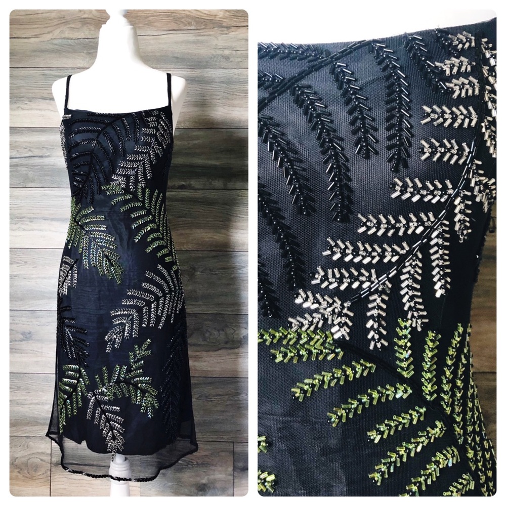 Sue Wong black beaded leaf cocktail dress S